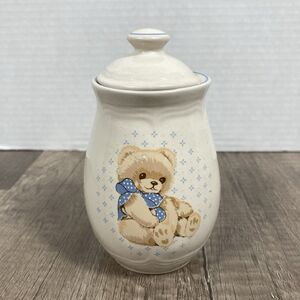 Tienshan Stoneware Country Teddy Bear Canister Blue Bow 5 Inches With Lid On